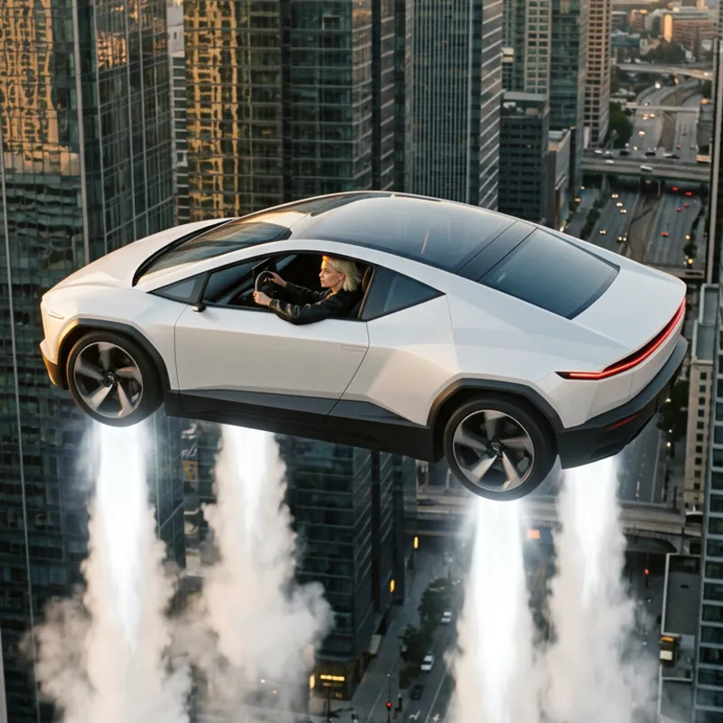 A sleek flying car between glass skyscrapers at golden sunset