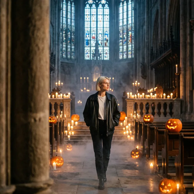 A gothic cathedral on Halloween night, lit by hundreds of candles