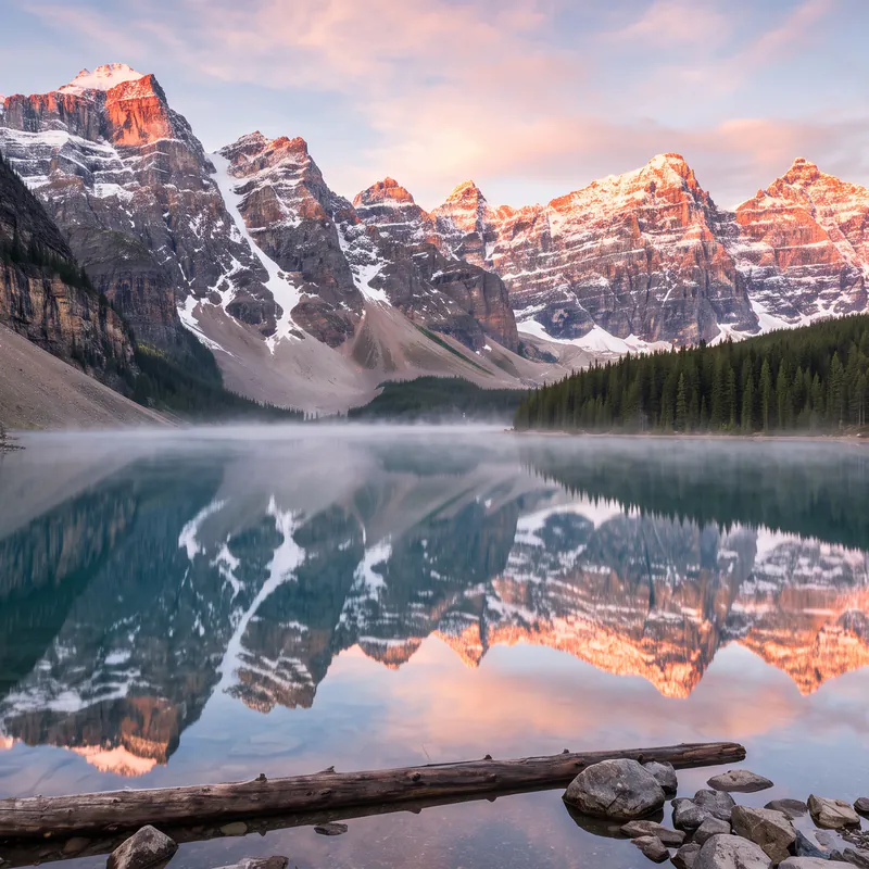 A calm alpine lake at dawn, mirror-like water, snow-capped peaks