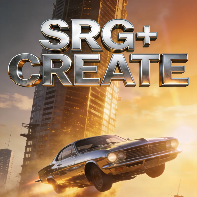 A movie poster: a chrome flying car out of a golden sandstorm, the title SRG+ CREATE