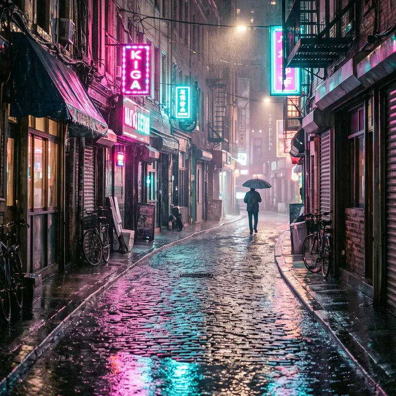 A narrow street at night in the rain, neon signs in pink and teal