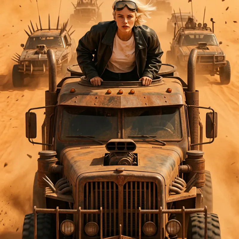 A rusty armored war truck racing through an orange sandstorm